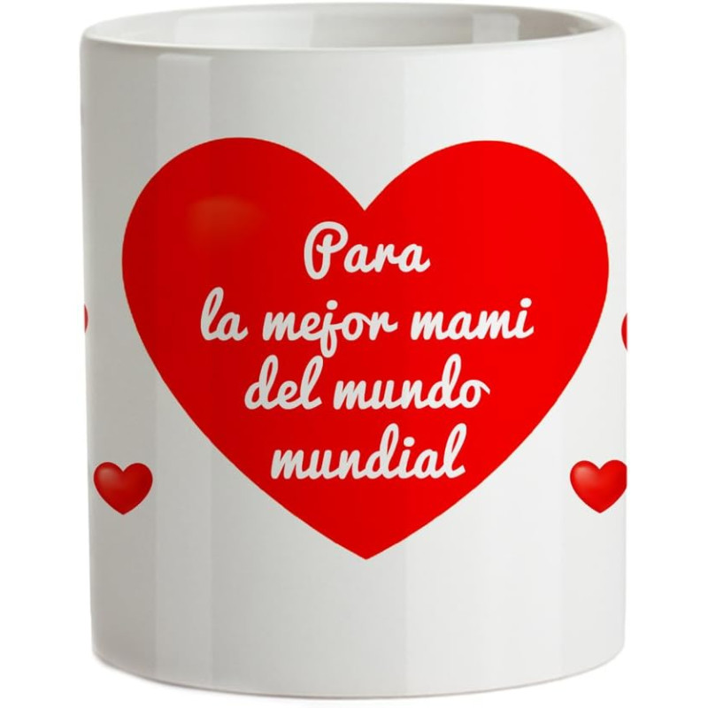 Taza Termosensible – Taza Roja con Corazones y Mensaje – “para la Mejor Mami del Mundo Mundial“