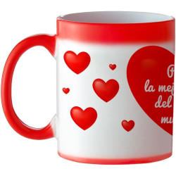 Taza Termosensible – Taza Roja con Corazones y Mensaje – “para la Mejor Mami del Mundo Mundial“