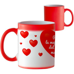 Taza Termosensible – Taza Roja con Corazones y Mensaje – “para la Mejor Mami del Mundo Mundial“