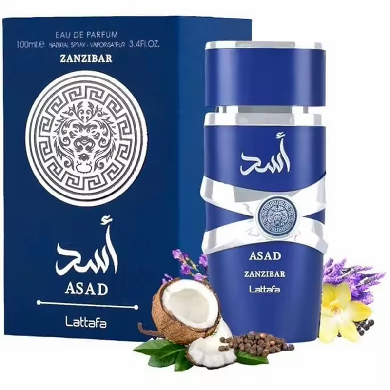 Lattafa Asad Zanzibar Perfume Árabe Unisex - Fragancia Tropical y Fresca de Verano, 100ml