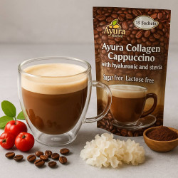 Colágeno Cafe Ayura Capuccino con Acido Hialuronico y Stevia 15 SOBRES x 15gr. Sin gluten, Sin azúcar, Sin lactosa