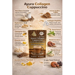 Colágeno Cafe Ayura Capuccino con Acido Hialuronico y Stevia 15 SOBRES x 15gr. Sin gluten, Sin azúcar, Sin lactosa